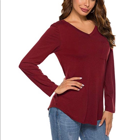 Solid red v neck casual long sleeve top - Picture 3 of 7